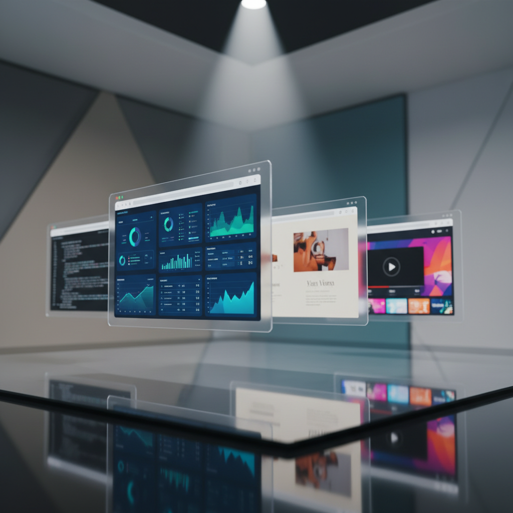An array of floating, semi-transparent browser windows appears hovering above a dark, reflective glass table, each window showing a different interface style: a dense analytics dashboard, a minimal blog layout, a vibrant video platform, and a monochrome code editor. The background is a softly blurred, modern interior with subtle geometric wall patterns in muted tones. A single spotlight from above casts crisp yet gentle highlights on the glass surface, creating mirrored reflections of the interfaces. Photographed from a low angle, the composition emphasizes depth as the windows recede into the distance, with a shallow depth of field keeping the closest panes sharp. The mood is quietly futuristic and sophisticated, rendered in photographic realism with a restrained color palette that underscores the complexity of digital identity.