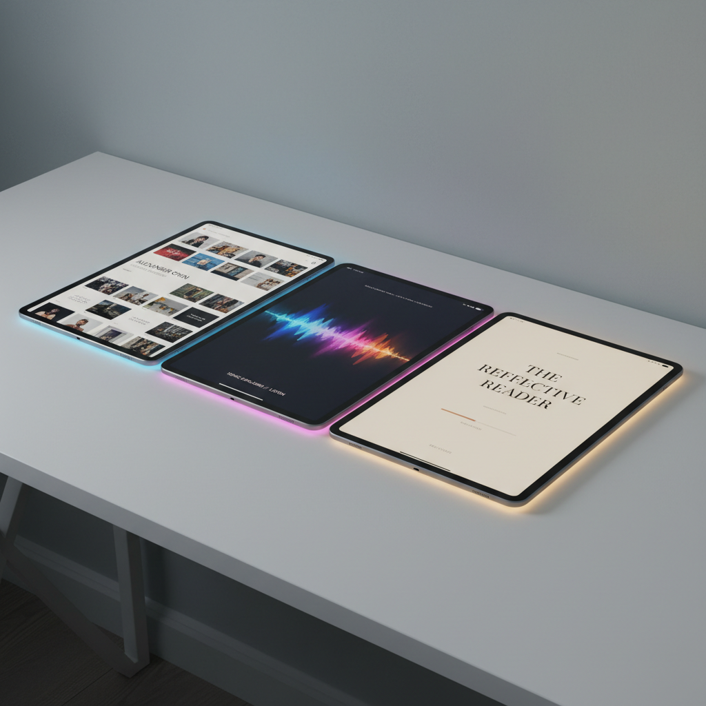 A pristine white desk against a soft gray wall holds three stacked tablets, each screen displaying a different profile card layout: a professional portfolio grid, an abstract music visualizer, and a minimalist reading interface. Thin colored light strips beneath each tablet cast subtle blue, magenta, and amber glows onto the desk’s smooth surface, suggesting distinct personas. Overhead, neutral studio lighting creates gentle, even illumination with faint shadows that define the clean lines. The image is captured from a slightly elevated angle using the rule of thirds, focusing on the tablet corners and overlapping screens. The atmosphere is calm and analytical, with a photographic, high-end editorial feel that visually communicates the idea of switching versions of oneself through different digital platforms.