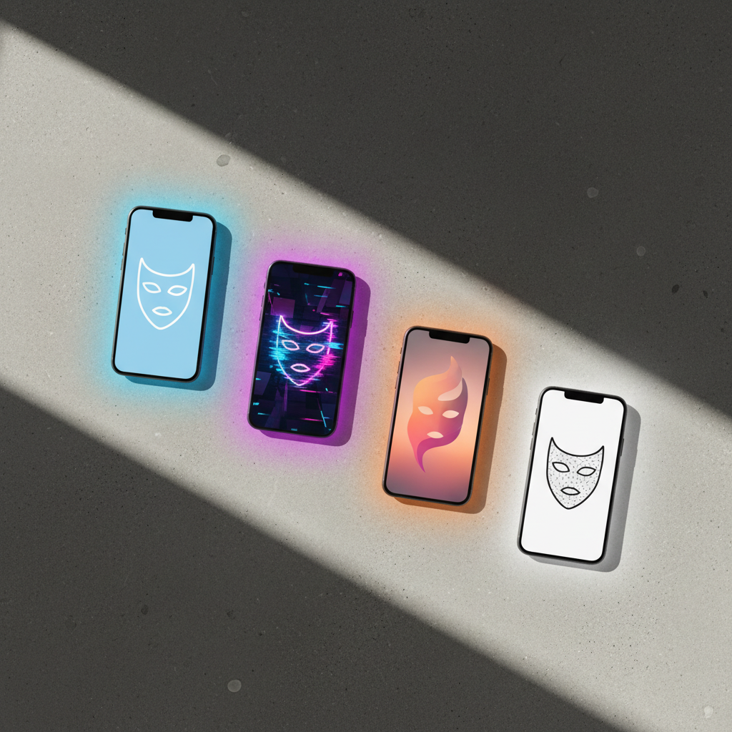 On a smooth concrete surface, four different smartphones are arranged in a precise diagonal line, each screen displaying a stylized mask icon in varying aesthetics: a flat minimalist outline, a glitchy neon version, a soft gradient silhouette, and a stark black-and-white wireframe. Around each phone, faint, colored halos subtly blend into one another, symbolizing overlapping personas. Soft, overcast window light from the left creates diffuse illumination and delicate shadows to the right of each device. Captured from directly above in a carefully balanced, symmetrical composition, the image has sharp focus across the frame. The mood is conceptual and introspective, with a photographic, gallery-style presentation that visually explores the idea of wearing different digital masks across platforms while maintaining a clean, modern sophistication.