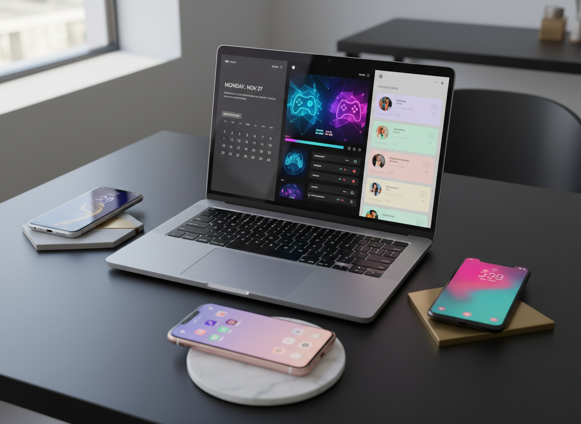A sleek, nearly bezel-less laptop lies open on a matte black desk, its screen split into three vivid windows showing distinct interface themes: a minimalist monochrome calendar, a neon-saturated gaming dashboard, and a soft pastel social feed. Around it, three different smartphones rest on geometric coasters, each lock screen glowing with a unique color palette and icon style. Cool, diffused daylight from a large unseen window washes across the scene, creating gentle reflections on the metallic surfaces. Shot at eye level with a shallow depth of field, the laptop is in sharp focus while the edges of the desk fade into soft blur. The mood is sophisticated and contemplative, emphasizing photographic realism with a clean, modern aesthetic that highlights the contrast of multiple digital identities on one surface.